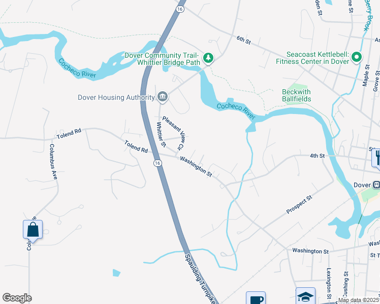 map of restaurants, bars, coffee shops, grocery stores, and more near 385 Washington Street in Dover