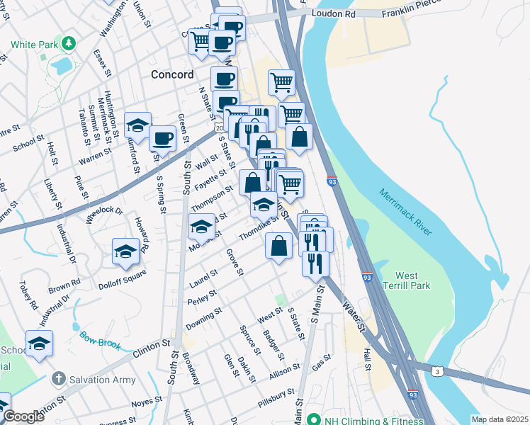 map of restaurants, bars, coffee shops, grocery stores, and more near 58 South Main Street in Concord