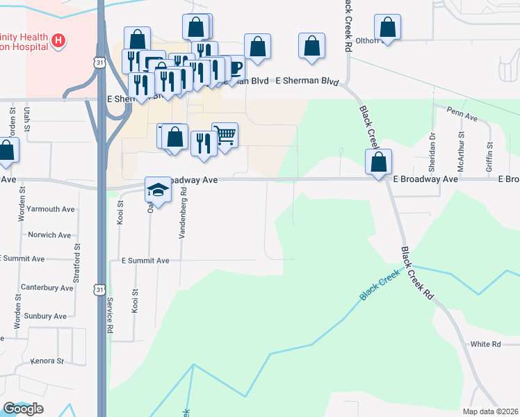 map of restaurants, bars, coffee shops, grocery stores, and more near 2885 Quarterline Road in Muskegon