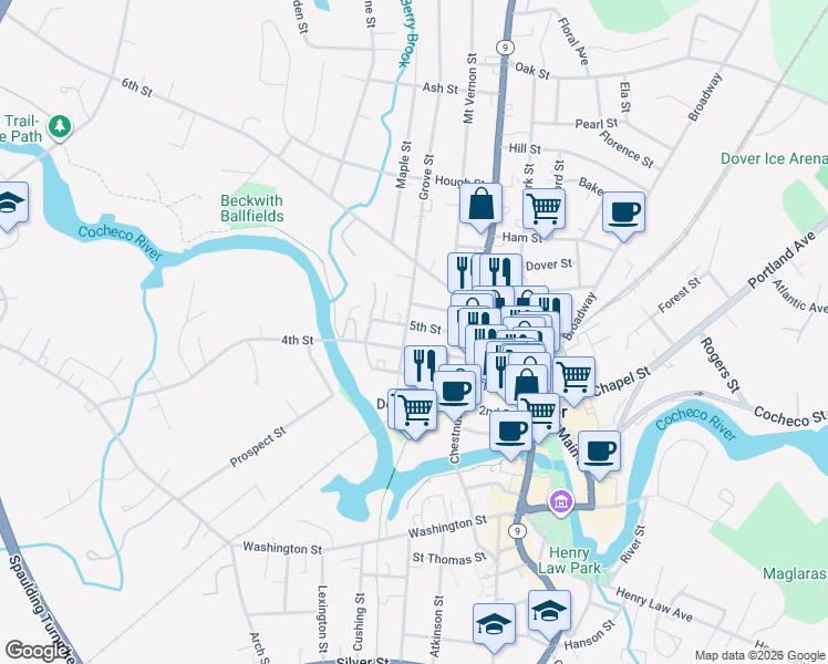 map of restaurants, bars, coffee shops, grocery stores, and more near 50 5th Street in Dover