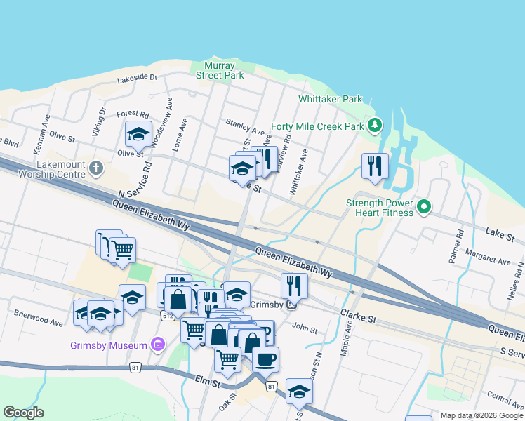 map of restaurants, bars, coffee shops, grocery stores, and more near 7 Fairview Road in Grimsby