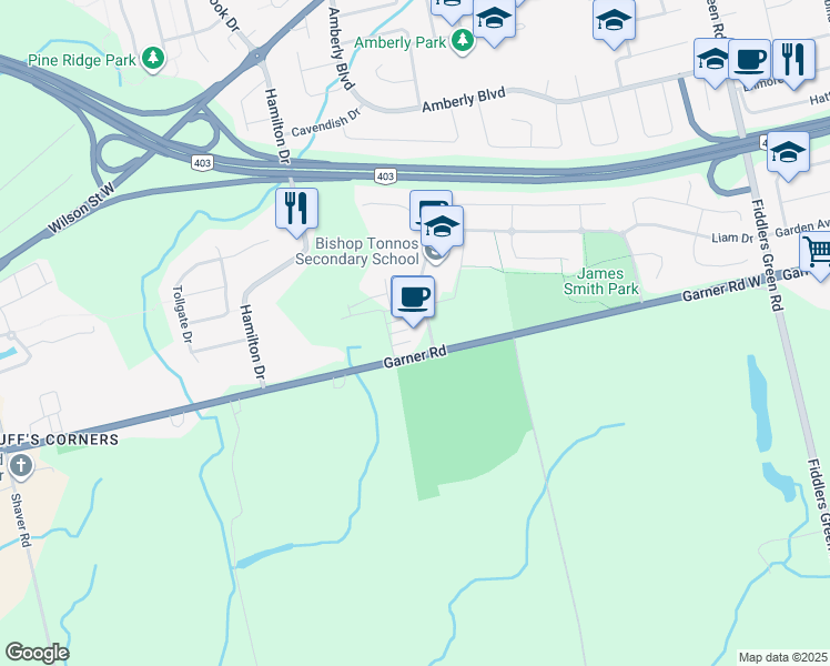 map of restaurants, bars, coffee shops, grocery stores, and more near 21 Panabaker Drive in Hamilton