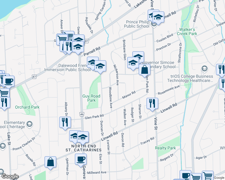 map of restaurants, bars, coffee shops, grocery stores, and more near 22 Woodbine Avenue in St. Catharines