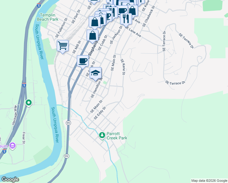 map of restaurants, bars, coffee shops, grocery stores, and more near 1432 Southeast Virginia Court in Roseburg