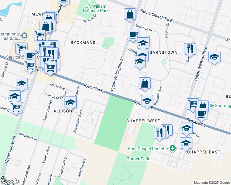 map of restaurants, bars, coffee shops, grocery stores, and more near 233 Rymal Road East in Hamilton