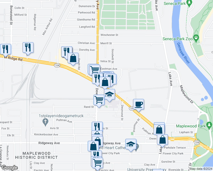 map of restaurants, bars, coffee shops, grocery stores, and more near 12 Goodwill Street in Rochester