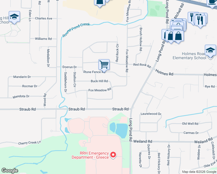 map of restaurants, bars, coffee shops, grocery stores, and more near 525 Fox Meadow Rd in Rochester