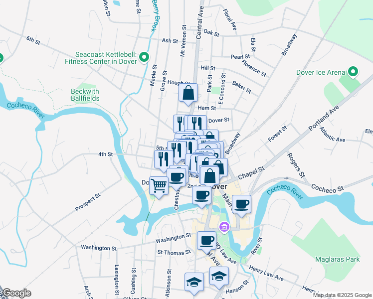 map of restaurants, bars, coffee shops, grocery stores, and more near 9 5th Street in Dover