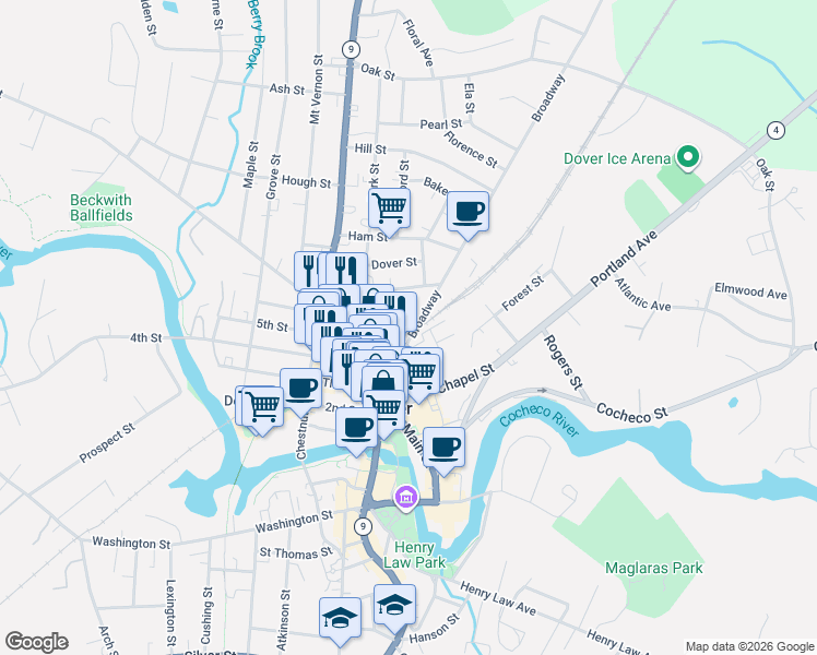 map of restaurants, bars, coffee shops, grocery stores, and more near 19 Pierce Street in Dover