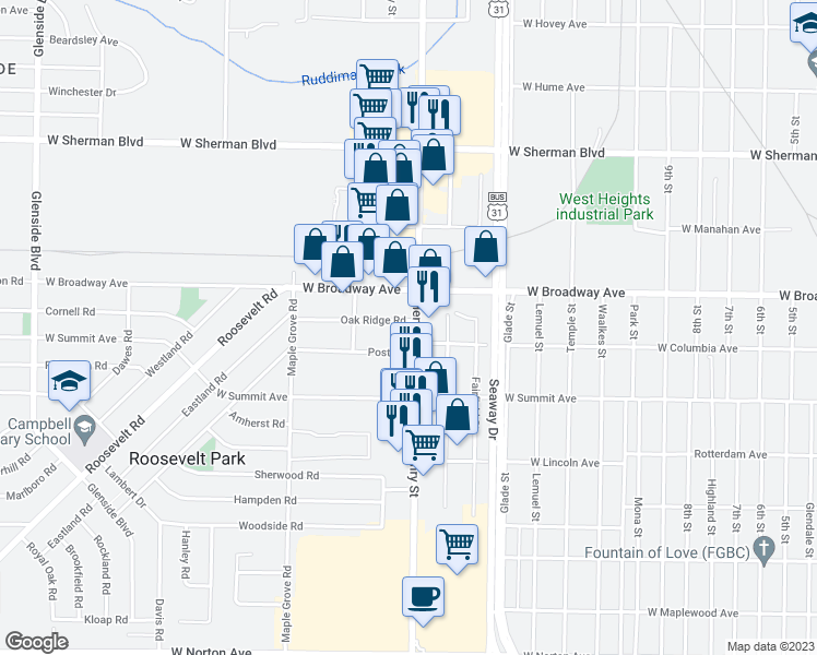 map of restaurants, bars, coffee shops, grocery stores, and more near 2855 Henry Street in Muskegon