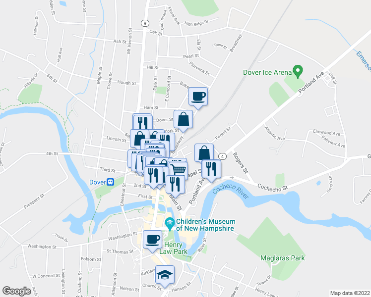 map of restaurants, bars, coffee shops, grocery stores, and more near 21 Winter Street in Dover