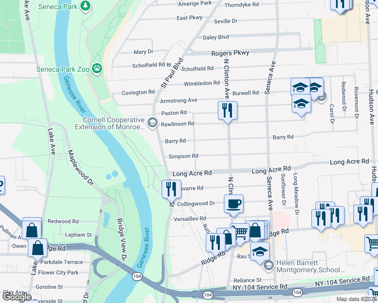 map of restaurants, bars, coffee shops, grocery stores, and more near 74 Simpson Rd in Rochester