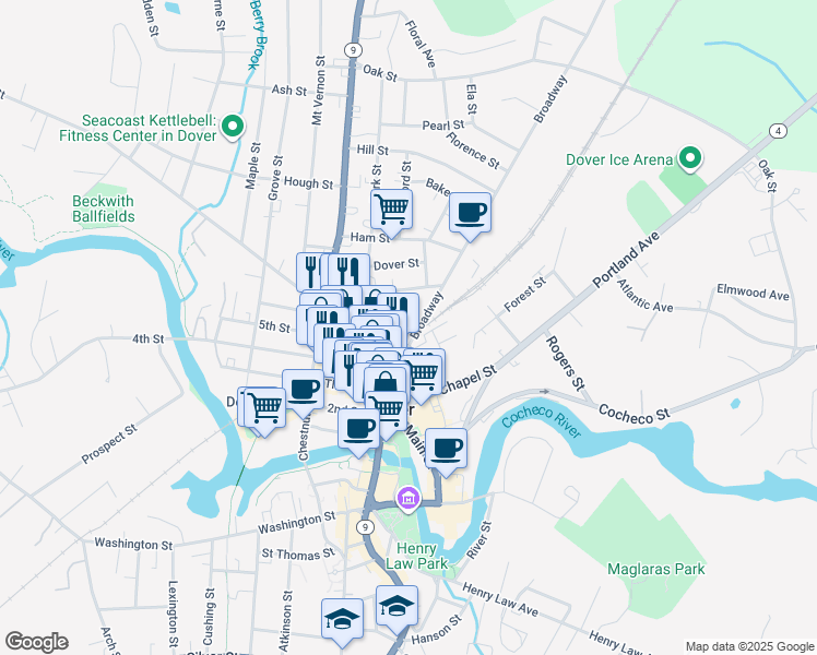 map of restaurants, bars, coffee shops, grocery stores, and more near 19 Pierce Street in Dover