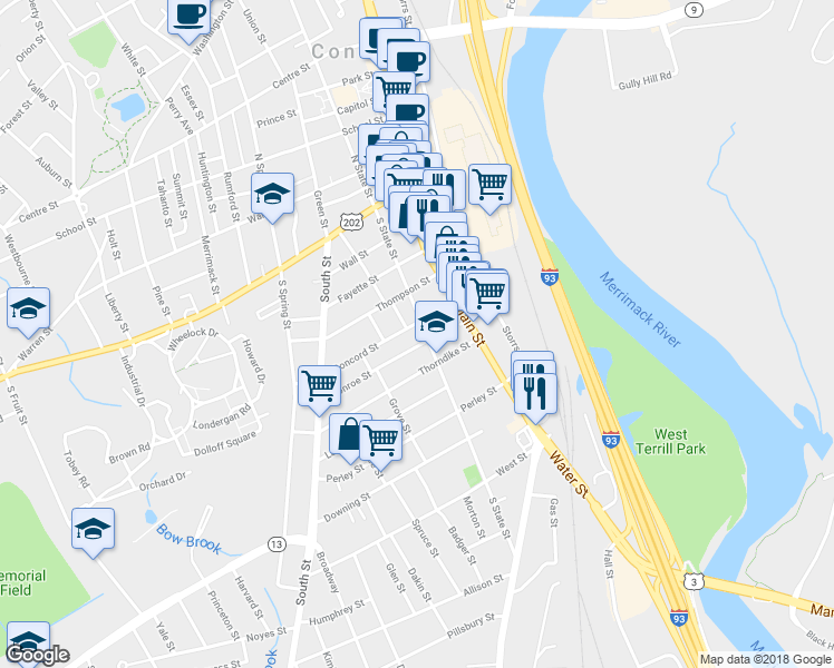 map of restaurants, bars, coffee shops, grocery stores, and more near 55-55.5 South State Street in Concord