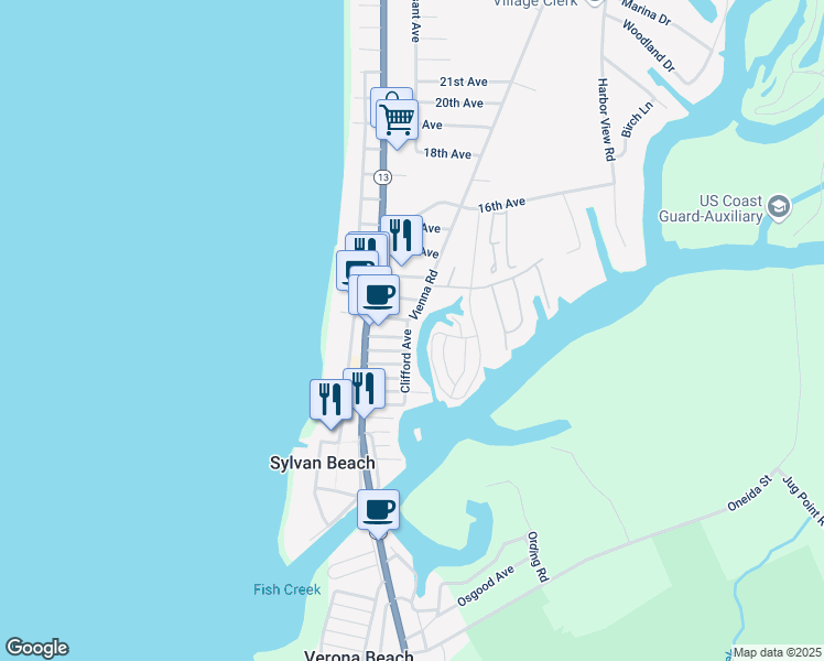 map of restaurants, bars, coffee shops, grocery stores, and more near 231 11th Avenue in Sylvan Beach