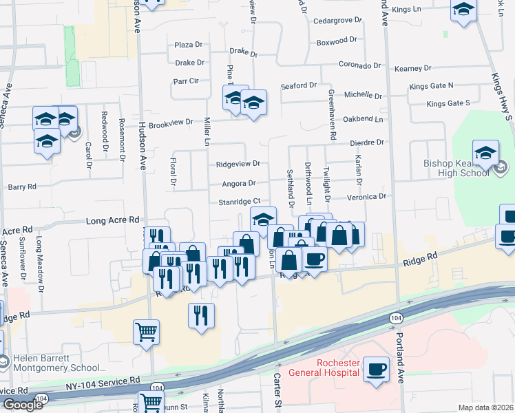 map of restaurants, bars, coffee shops, grocery stores, and more near 101 Stanridge Court in Rochester