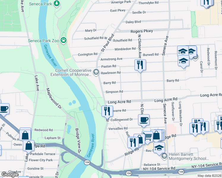 map of restaurants, bars, coffee shops, grocery stores, and more near 26 Simpson Road in Rochester