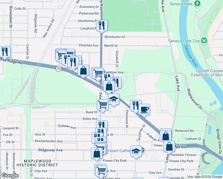 map of restaurants, bars, coffee shops, grocery stores, and more near 1/2 West Ridge Road in Rochester