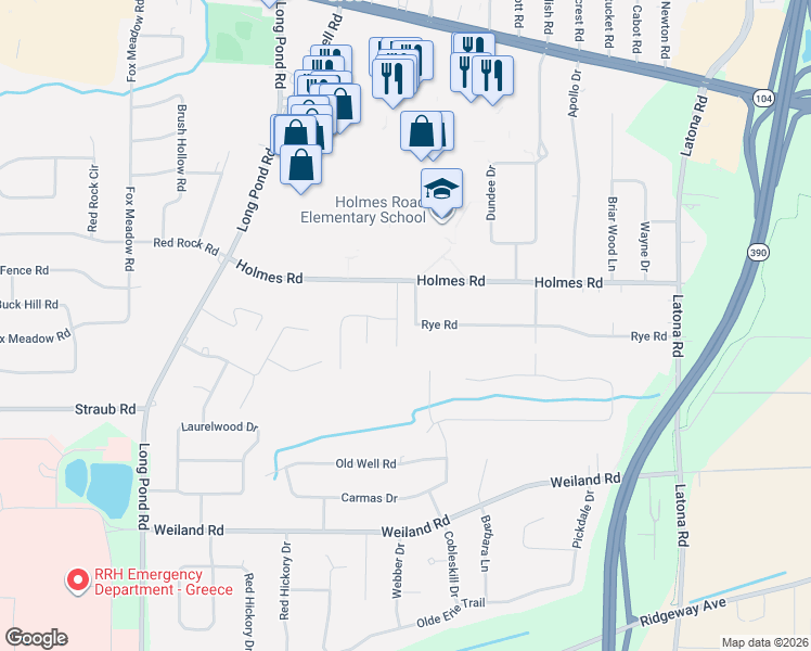 map of restaurants, bars, coffee shops, grocery stores, and more near 20 Amy Lane in Rochester