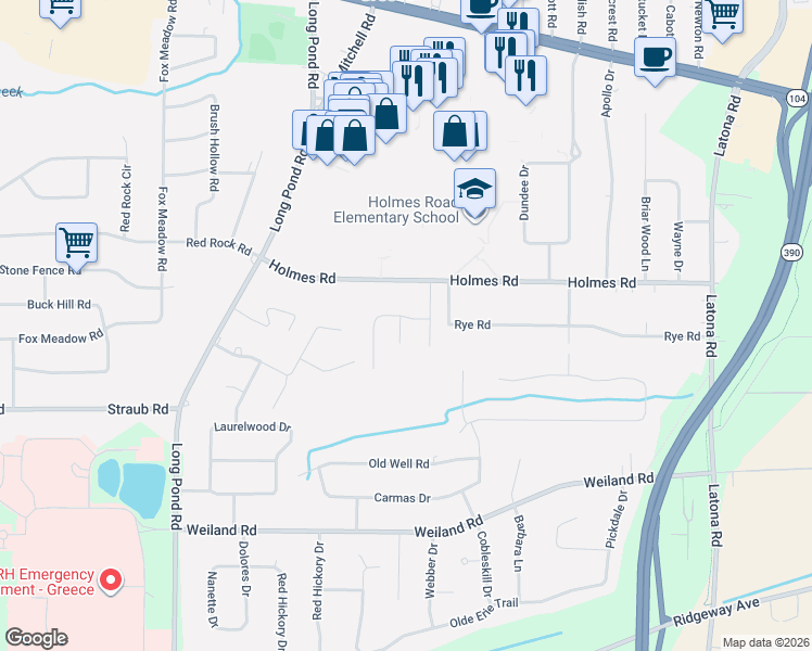 map of restaurants, bars, coffee shops, grocery stores, and more near 14 Silver Ridge Drive in Rochester