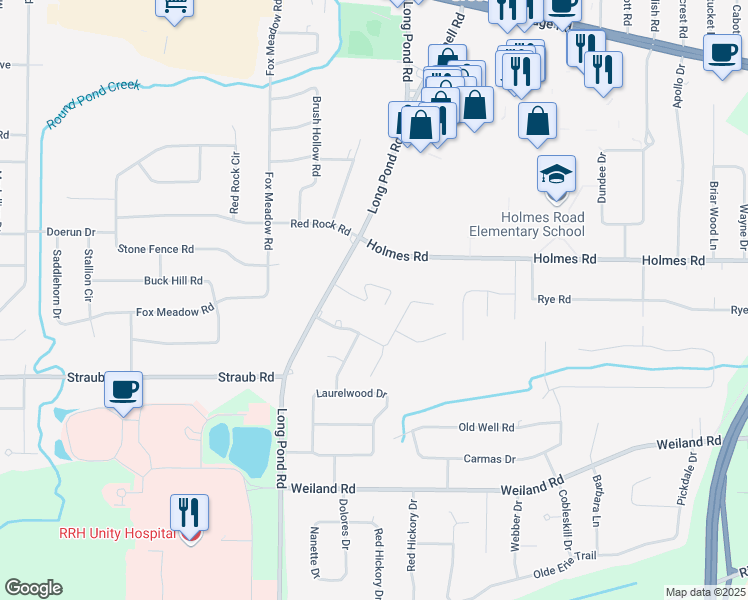 map of restaurants, bars, coffee shops, grocery stores, and more near 1404 Long Pond Road in Rochester