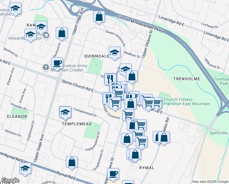 map of restaurants, bars, coffee shops, grocery stores, and more near 45 Rochelle Avenue in Hamilton