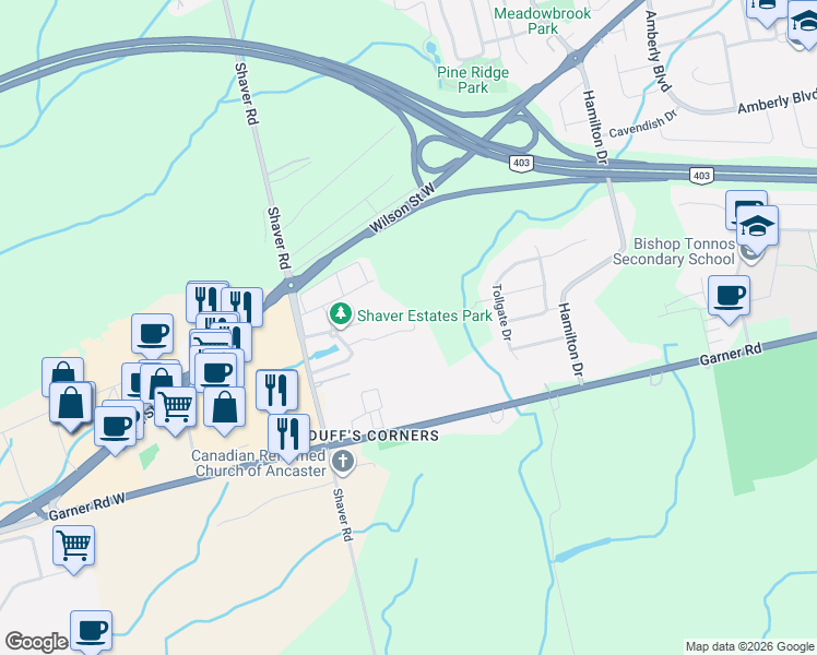 map of restaurants, bars, coffee shops, grocery stores, and more near 121-127 Liddycoat Lane in Hamilton