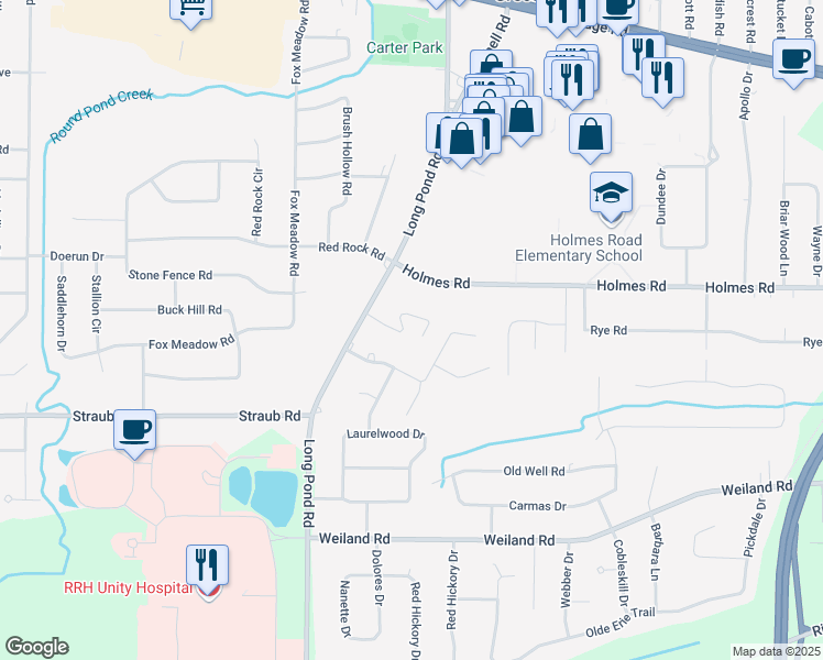 map of restaurants, bars, coffee shops, grocery stores, and more near 1404 Long Pond Road in Rochester