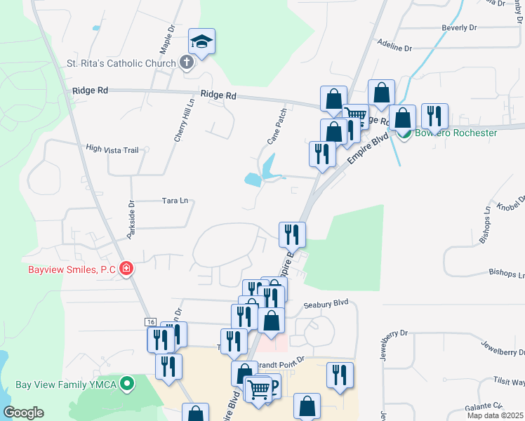 map of restaurants, bars, coffee shops, grocery stores, and more near 609 Strand Pond Circle in Webster