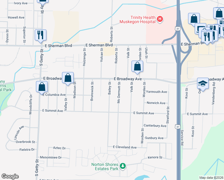 map of restaurants, bars, coffee shops, grocery stores, and more near 2885 Mc Dermott Street in Norton Shores