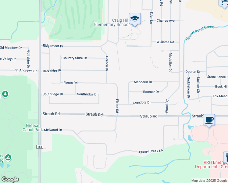 map of restaurants, bars, coffee shops, grocery stores, and more near 97 Fiesta Road in Rochester