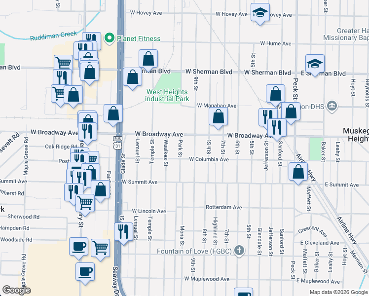 map of restaurants, bars, coffee shops, grocery stores, and more near 2828 Park Street in Muskegon Heights