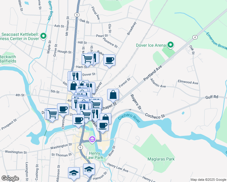 map of restaurants, bars, coffee shops, grocery stores, and more near 2 Forest Street in Dover