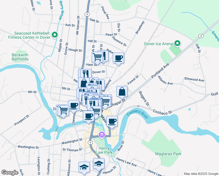 map of restaurants, bars, coffee shops, grocery stores, and more near 29 Durrell Street in Dover