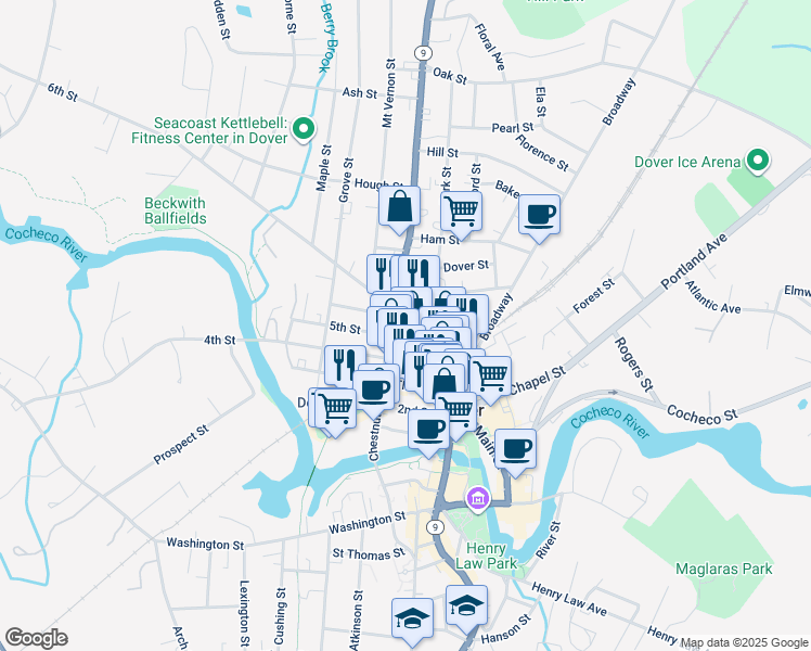 map of restaurants, bars, coffee shops, grocery stores, and more near 9 5th Street in Dover
