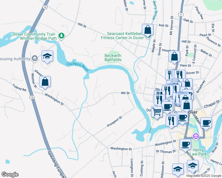 map of restaurants, bars, coffee shops, grocery stores, and more near 97 4th Street in Dover
