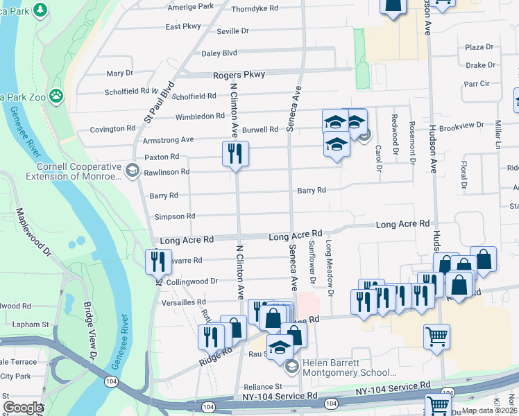 map of restaurants, bars, coffee shops, grocery stores, and more near 235 Simpson Road in Rochester
