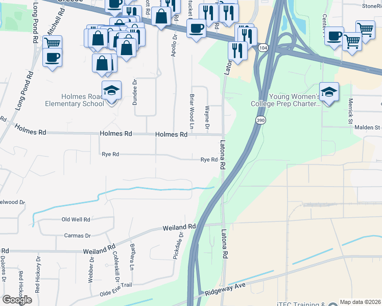map of restaurants, bars, coffee shops, grocery stores, and more near 82 Rye Road in Rochester