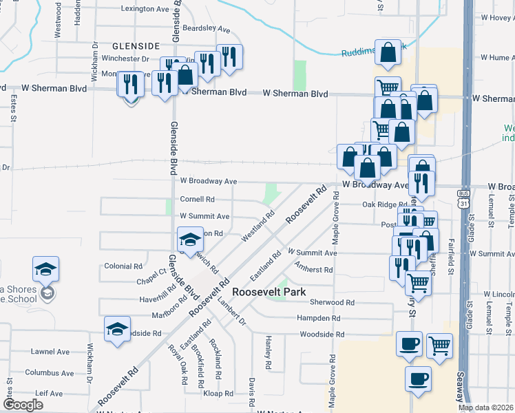 map of restaurants, bars, coffee shops, grocery stores, and more near 2907 Westland Road in Muskegon