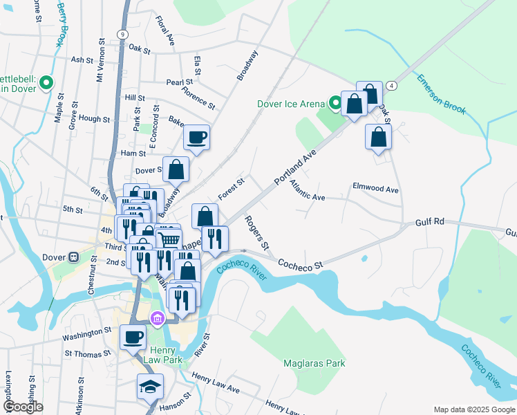 map of restaurants, bars, coffee shops, grocery stores, and more near 109 Portland Avenue in Dover