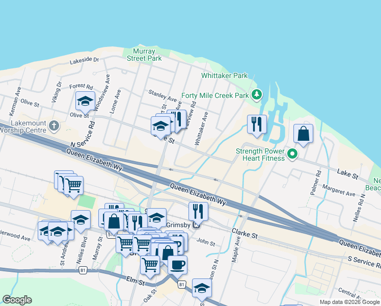 map of restaurants, bars, coffee shops, grocery stores, and more near 5 Olive Street in Grimsby