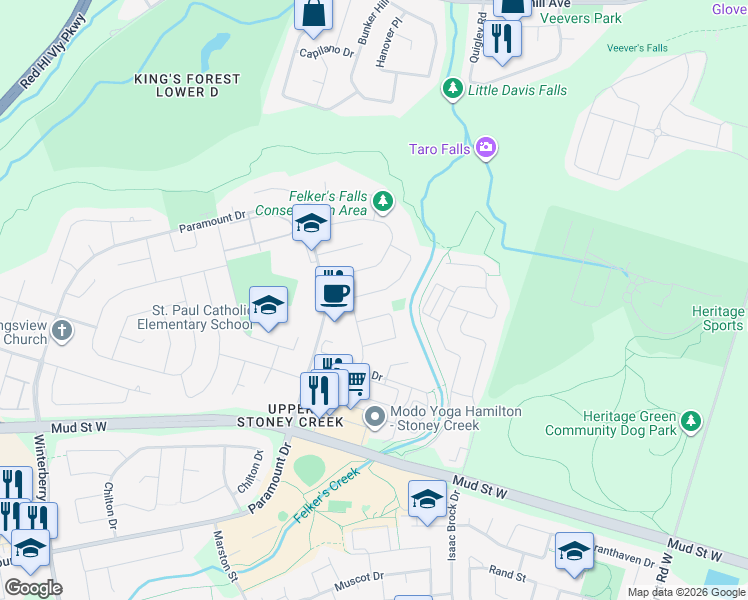 map of restaurants, bars, coffee shops, grocery stores, and more near 20 Audubon Street South in Hamilton