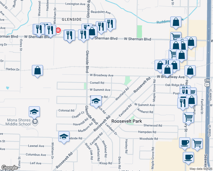 map of restaurants, bars, coffee shops, grocery stores, and more near 1287 Cornell Road in Muskegon