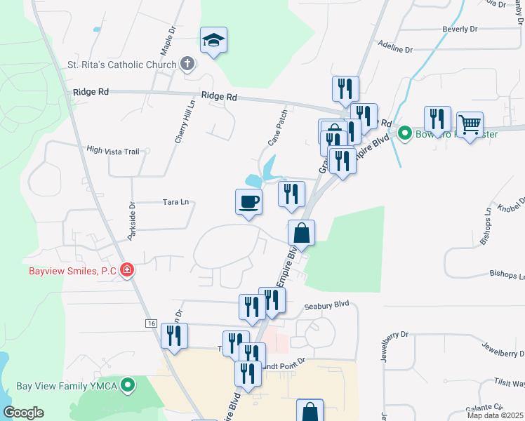 map of restaurants, bars, coffee shops, grocery stores, and more near 609 Strand Pond Circle in Webster
