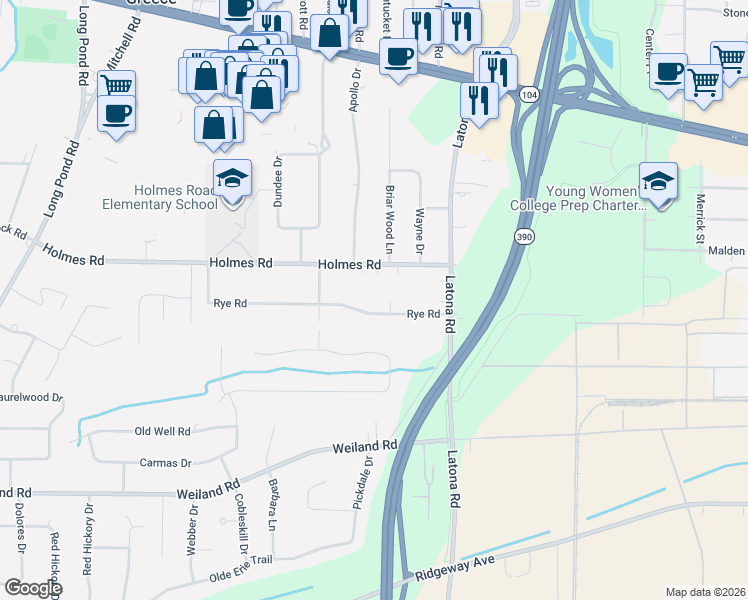 map of restaurants, bars, coffee shops, grocery stores, and more near 82 Rye Road in Rochester