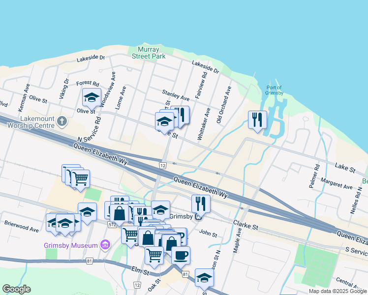 map of restaurants, bars, coffee shops, grocery stores, and more near 14 Fairview Road in Grimsby