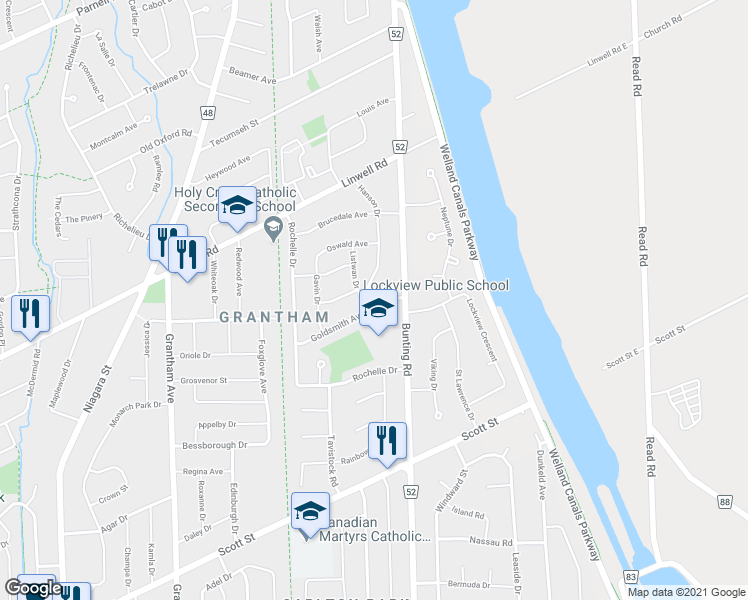 map of restaurants, bars, coffee shops, grocery stores, and more near 8 Goldsmith Avenue in St. Catharines