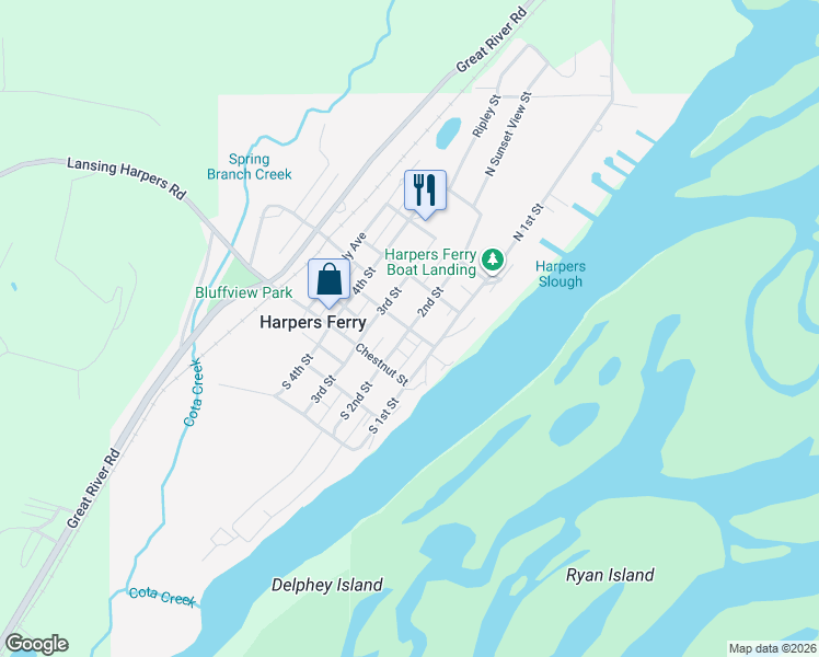 map of restaurants, bars, coffee shops, grocery stores, and more near 2nd Street in Harpers Ferry