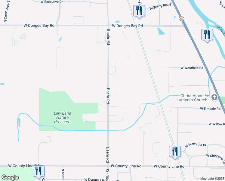 map of restaurants, bars, coffee shops, grocery stores, and more near 10007 Baehr Road in Mequon