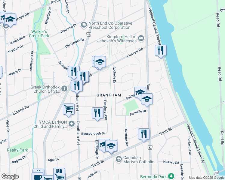 map of restaurants, bars, coffee shops, grocery stores, and more near 77 Rochelle Drive in St. Catharines